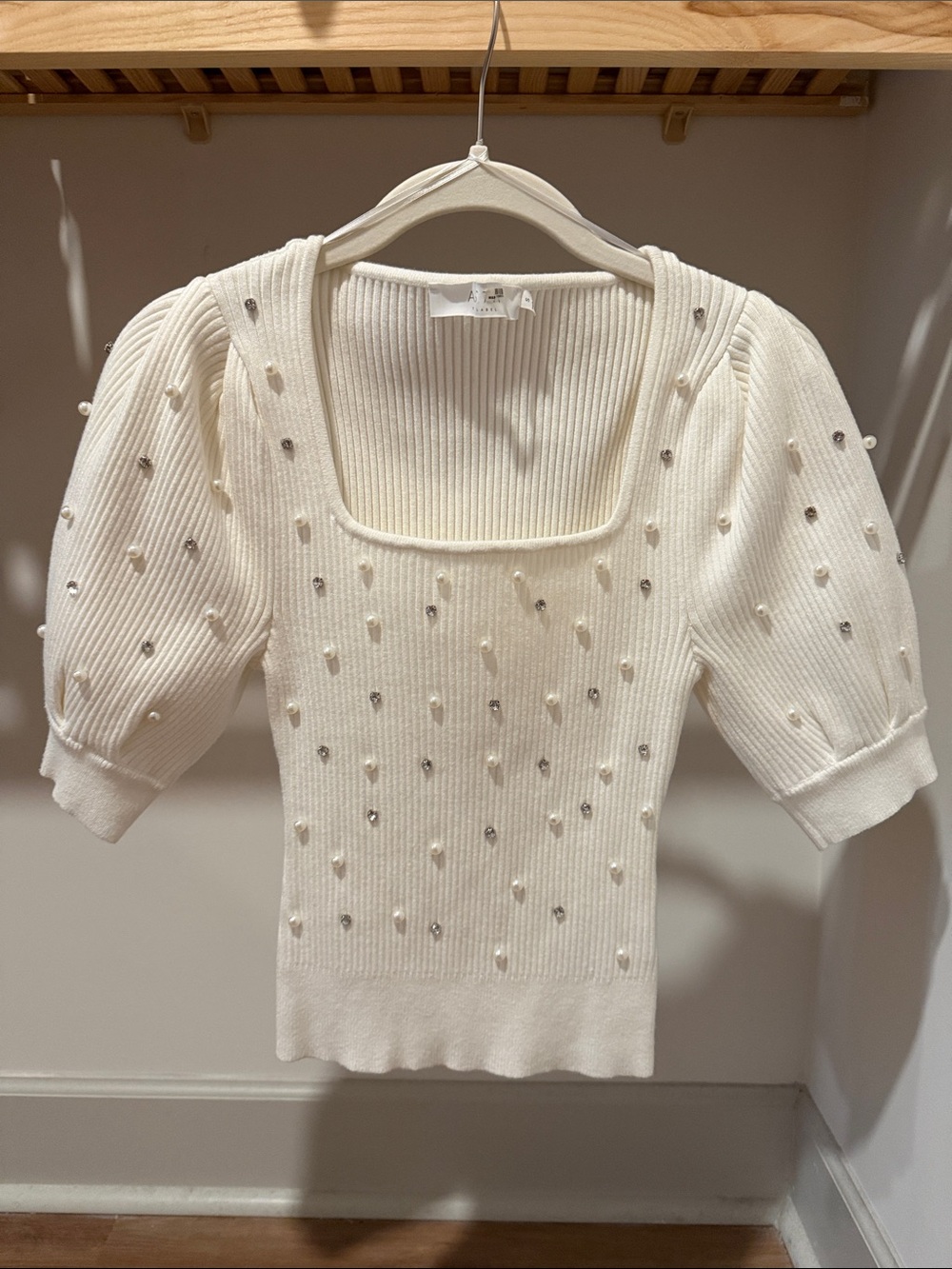 ASTR Ivory Ribbed Knit Top with Diamond and Pearl Detailing
